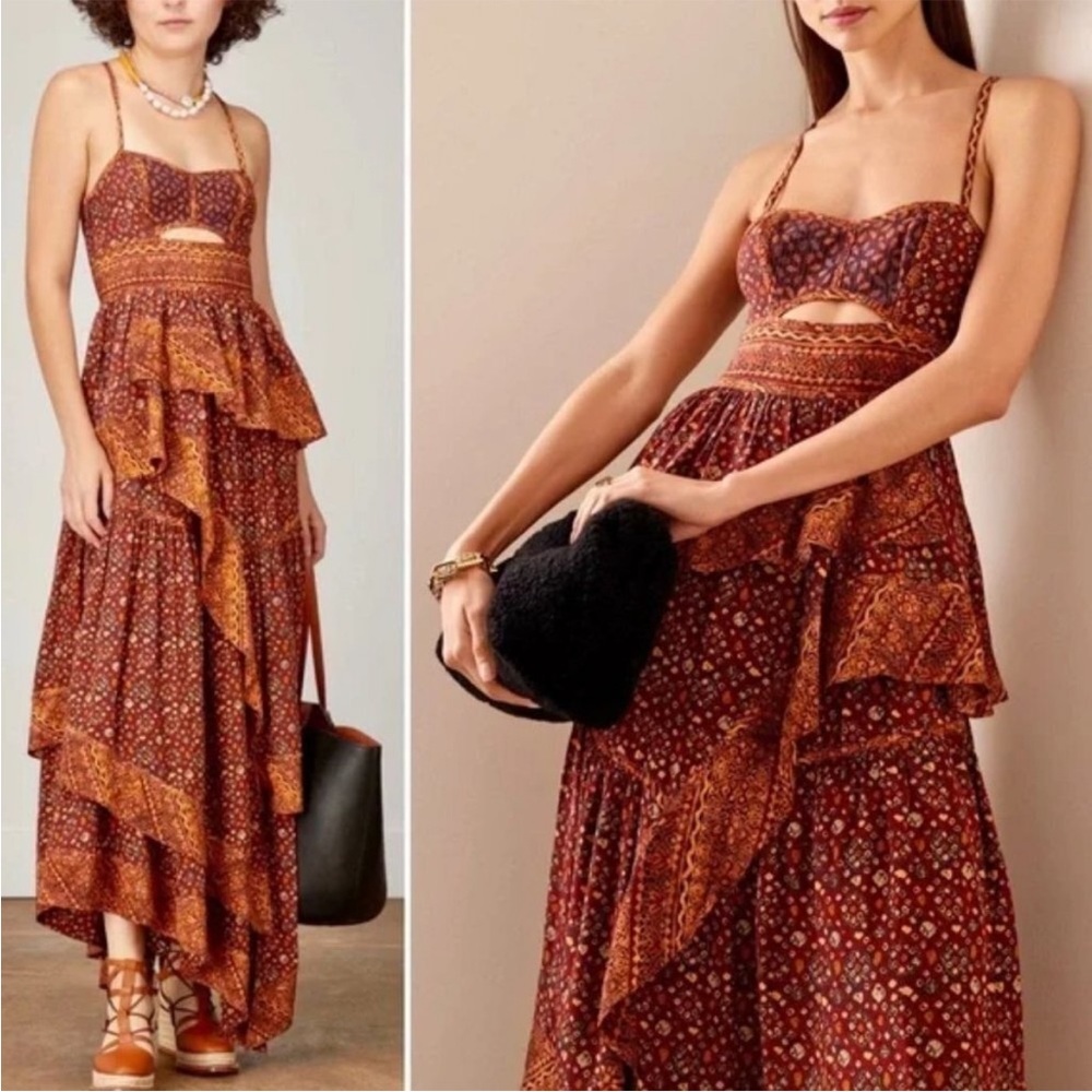 Ulla Johnson Brown and Black Ruffled Tiered Maxi Sundress